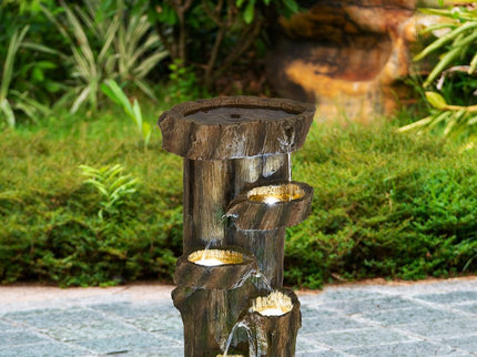 Rustic Decorative Tree Trunk 5 Tier Water Fountain, With Light And Pump, For Indoor And Outdoor - Brown