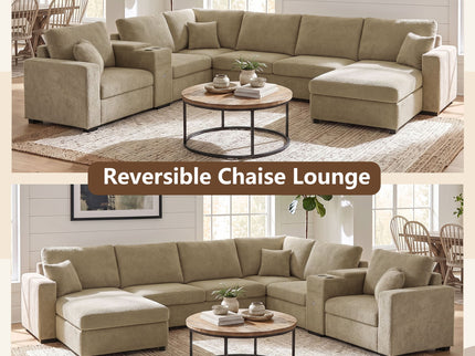 Modular 5 Seat U-Shape Sectional Sofa With Chaise Lounge, Built In Cup Holders And Storage Drawer