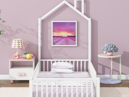Metal House Platform Bed With Guardrail And Chimney