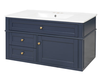 Modern Wall Mounted Floating Cabinet With Double Drawer And Sink