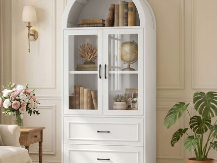 Arched Top Storage Cabinet With Fixed 2 Tier Shelves, 2 Large Drawers
