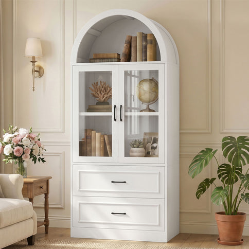 Arched Top Storage Cabinet With Fixed 2 Tier Shelves, 2 Large Drawers