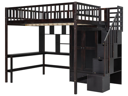 Loft Bed With Bookshelf, Drawers, Desk, And Wardrobe