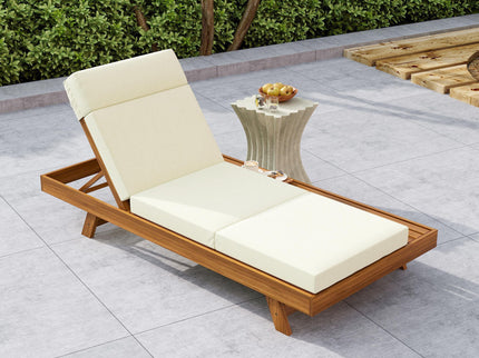 Acacia Wood Lounge Chaise Set With Headrest And Water Resistant Cushions - Beige