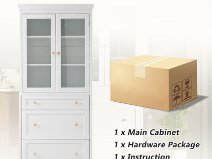 Freestanding Tall Bathroom Cabinet With Adjustable Shelves, Drawers, Soft Close Glass Doors