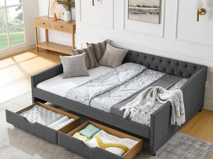 Upholstered Tufted Daybed With 2 Drawers, Waved Arms