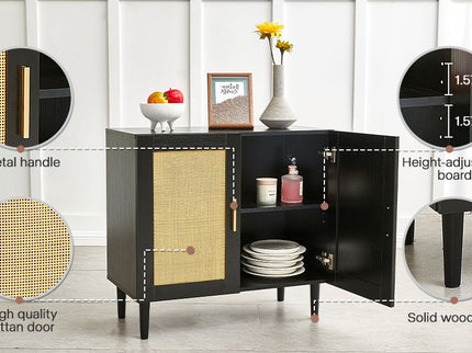 Side Panel Buffet Cabinet With Natural Rattan Door, Rattan Storage Cabinet With Adjustable Shelves, Side Panel And Buffet With Storage Space, Modern Console Cabinet In Bedroom And Living Room - Black / Beige