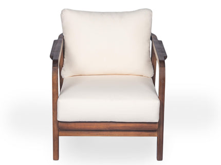 Outdoor Lounge Chair With Woven Backrest, Solid Wood Frame, Comfortable Cushions