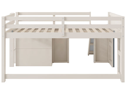 Modern Low Loft Bed With Slide, 3 Storage Drawers, And 2 Doors