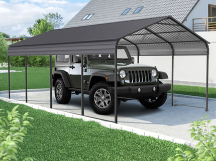 Metal Carport 12 X 20 Ft Heavy Duty With Galvanized Steel Roof Metal Garage Canopy With Galvanized Steel Roof & Frame Car Tent Outdoor Storage Shed For Car Boats And Truck - Alabaster / Dark Gray