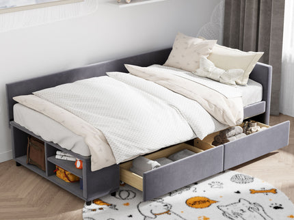 L Shaped Upholstered Platform Bed With Storage And Drawers