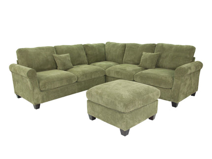 L - Sectional Sofa Set With Corner Wedge And Ottoman, 4 Piece Living Room Furniture - Sage