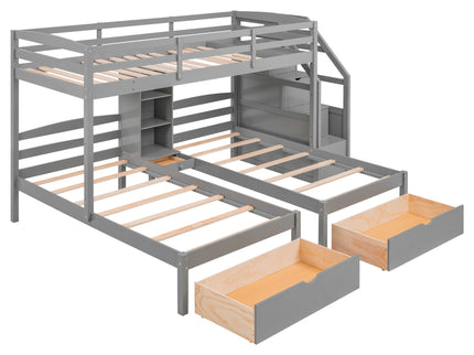 Twin Over Twin & Twin Bunk Bed With Drawers, Staircase Storage, Built In Shelves - Gray