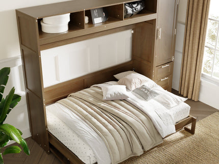 Full Size Murphy Bed With Wardrobe, Drawers, And Open Shelves - Wood