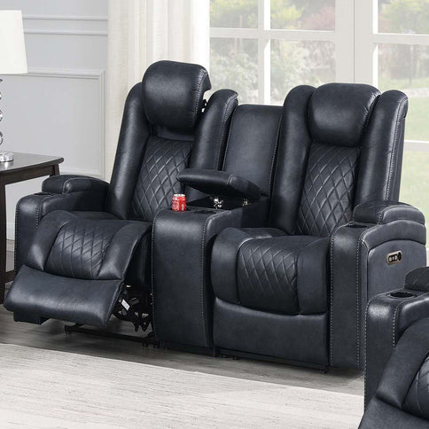 Power Reclining Loveseat With Adjustable Headrest, Storage, Cup Holders - Inky Blue
