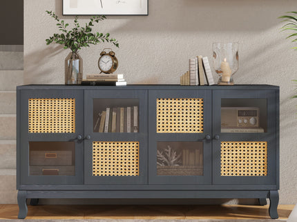 Retro Industrial 4 Door Sideboard With Large Storage, Rattan And Glass Doors