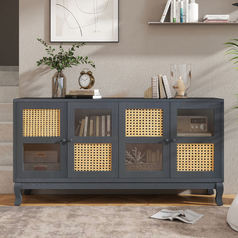 Retro Industrial 4 Door Sideboard With Large Storage, Rattan And Glass Doors