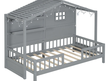 House Bed With Shelves, Window And Sparkling Light Strip On The Roof