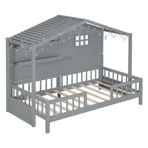 House Bed With Shelves, Window And Sparkling Light Strip On The Roof