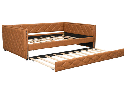 Upholstered Full Long Daybed With Trundle And LED Armrests - Brown
