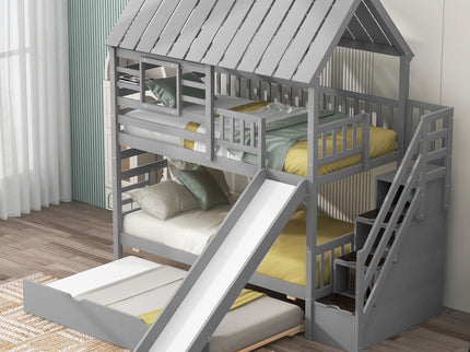 House Bunk Bed With Trundle, Storage Staircase, Roof And Window Design