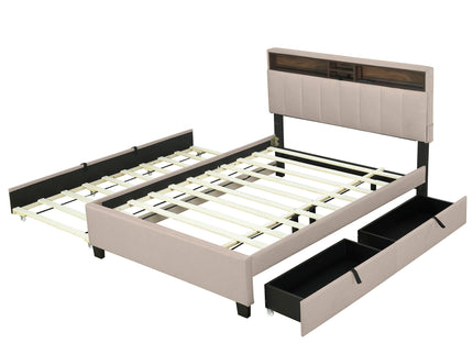 Upholstered Platform Bed With Storage Headboard, Trundle & 2 Drawers And A Set Of Sockets & USB Ports