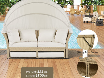 Outdoor Patio Daybed Wicker Rattan Double Daybed Round Sofa Furniture Set With Retractable Canopy, 4 Pillows For Lawn Garden