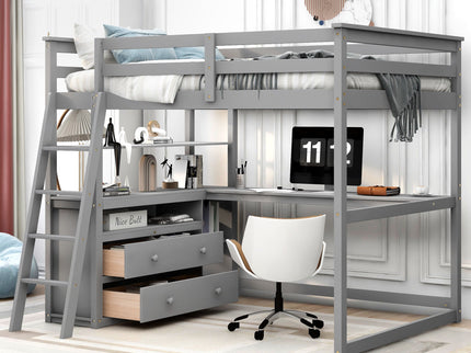 Modern Loft Bed With Built In Desk, Shelves, And 2 Drawers