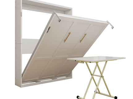 Queen Size Wall Mounted Murphy Bed With Manual Height Adjustable Desk, Cabinet & Frame & Computer Desk - White