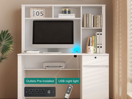 Computer Desk With Hutch & Bookshelf, Wood Executive Desk Teens Student Desk Writing Laptop Home Office Desk With Drawers, 3 Ac Outlets And 2 USB Charging Ports, Study Laptop Table For Home - White