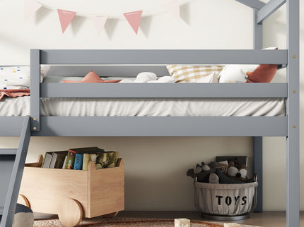 Low Loft House Bed With Slide, Ladder, Safety Guardrails, House Roof Frame