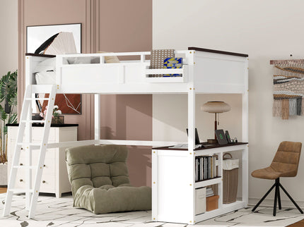 Queen Size Loft Bed With Desk, Open Shelf, Storage Box And USB Charging Station - White