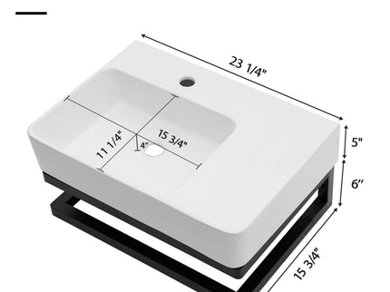 Wall Mounted Rectangular Bathroom Sink With Towel Bar And Faucet Hole - White