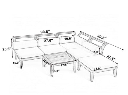 6 Piece Patio Sofa Set, Acacia Wood Outdoor Modular Sectional Garden Furniture Set L Shaped Conversation Set, Convertible Daybed With Tea Table, Ottoman, 5 Cushions And Pillows - Teak / Beige