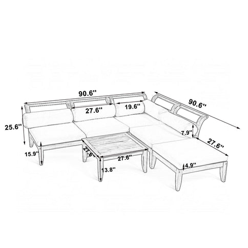 6 Piece Patio Sofa Set, Acacia Wood Outdoor Modular Sectional Garden Furniture Set L Shaped Conversation Set, Convertible Daybed With Tea Table, Ottoman, 5 Cushions And Pillows - Teak / Beige