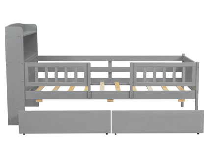 Platform Bed With LED Light, Multi Functional Headboard, Guardrail And 2 Drawers