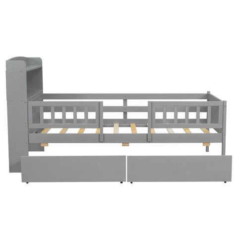 Platform Bed With LED Light, Multi Functional Headboard, Guardrail And 2 Drawers