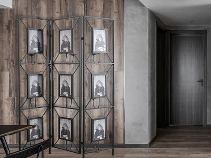 Room Photo Frames Screen Divider Screens, 3 Panel Decorative Screen With Photo Frames, Antique Mirror, Candle Stick - Black