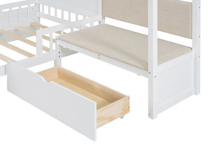 House Bed With Upholstered Sofa, Wireless Charging Station, Shelves And 2 Drawers