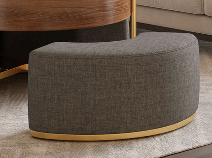 Lift Top Round Coffee Table With Hidden Storage, 3 Upholstered Nesting Ottomans - Brown / Gray / Golden / White
