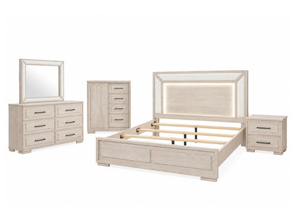 Ciara - King 5 Piece Bedroom Set With LED Lighting, Clean Lines And Upholstered Mirror - Beige