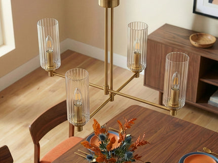 Enigma - 4 Lights Chandelier With Clear Ribbed Satin - Antique Brass / Clear / Gold