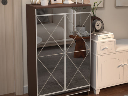 Elegant Decor Mirrored Shoe Cabinet With Edging Double Door Storage Cabinets Glass - Brown / Silver / Gray