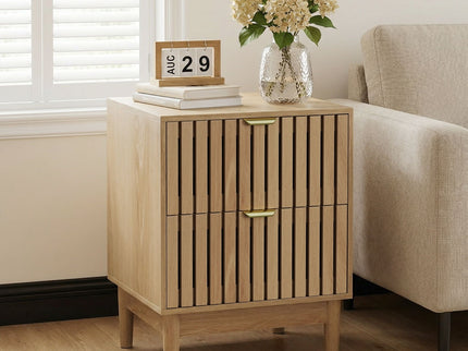 Bedside Table With Grille Design And 2 Drawers, Side Table For Bedroom - Oak
