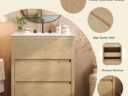 Freestanding Bathroom Vanity With Ceramic Sink, 2 Full Extension Drawers