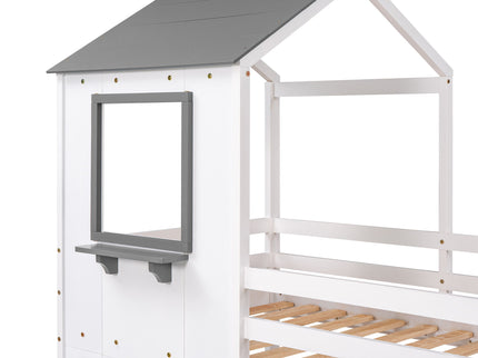 Bunk Bed Wood Bed & Roof, Window, Guardrail, Ladder