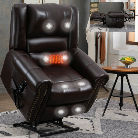 Power Lift Recliner Chair Heat Massage Dual Motor Infinite Position With USB Ports - Antique Brown