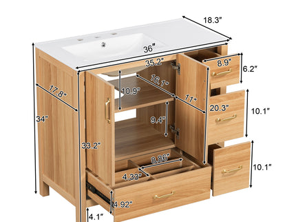 36" Bathroom Vanity, 2 Soft Close Doors, 4 Soft Close Drawers, Adjustable Shelf, Storage Cabinet - Acacia Wood