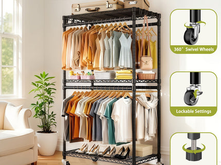 Heavy Duty Rolling Clothes Rack With 3 Tier Shelves, 2 Rails & Side Hooks, Adjustable Freestanding Organizer Metal - Black