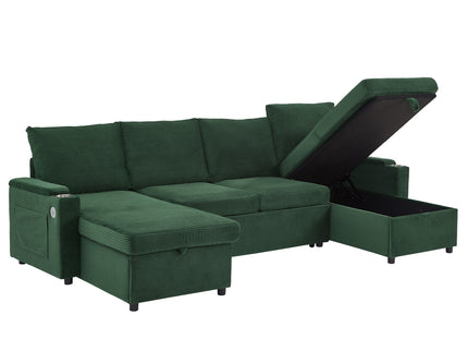 U Shaped Sectional Sofa Bed With Storage Chaise Lounges, USB Ports, And Cup Holders